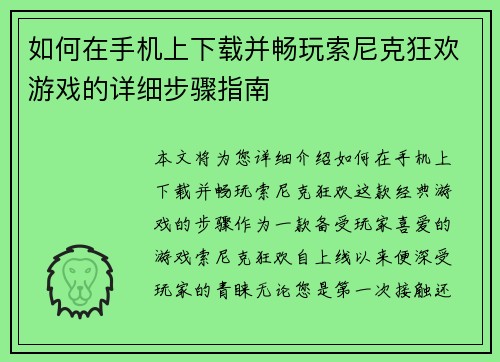 如何在手机上下载并畅玩索尼克狂欢游戏的详细步骤指南