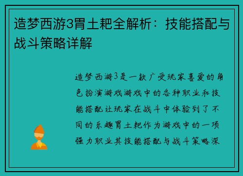造梦西游3胃土耙全解析：技能搭配与战斗策略详解